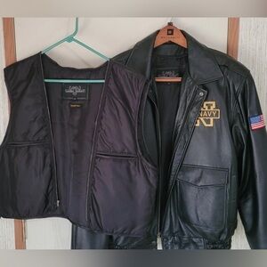 US NAVY BLACK LEATHER GALLERY JACKET SIZE LARGE AND INNER LINER BOMBER JACKET